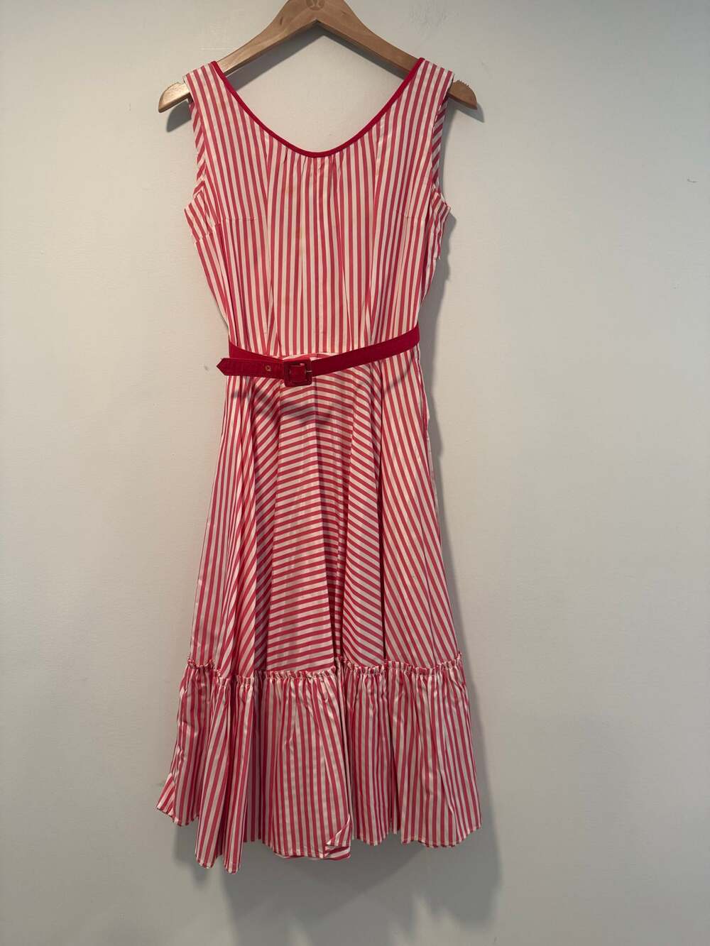 Vintage 1950s-60s Midi Dress Sleeveless Belted Red and White Vertical Stripes JL